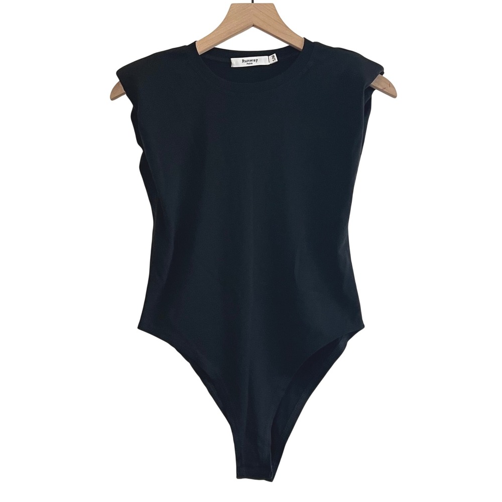 Runway Paris Women's Black Shoulder Pad Bodysuit S/M Crew Neck Minimalist EUC